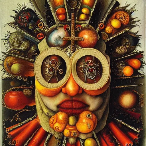 Image similar to album cover, religious reliquary, new age, black, white, orange, psychedelic, giuseppe arcimboldo