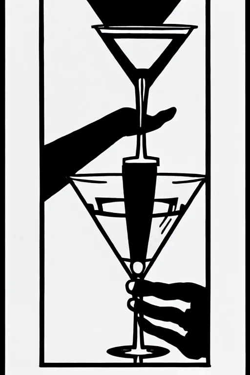 Prompt: an old mans hand holding a martini, bold line art, by vincent di fate inking, etching, screen print, masterpiece, sharp, high contrast, hyper - detailed, hd, 4 k, 8 k