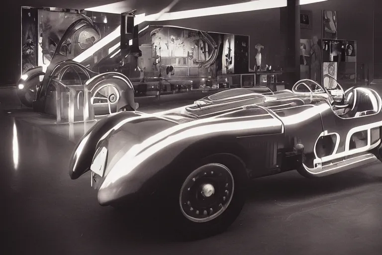 Image similar to cyberpunk 1 9 2 6 bugatti type 3 5, volumetric lighting, in a museum, museum exhibit, museum lighting, 9 0 s film photo