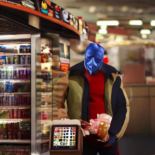 Image similar to a masked man at a self checkout stealing a banana, trending on artstation, depth field, unreal engine, cinematic, hyper realism, high detail, octane cinema 4 d render, a 2 4 cinematography, 8 k