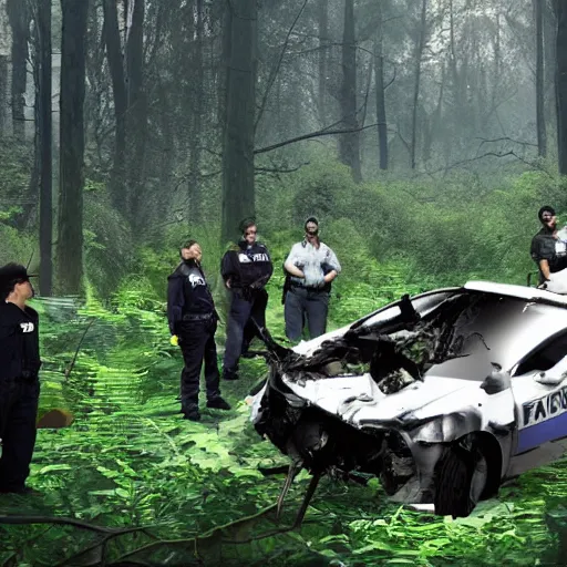Prompt: a [ team of scientists, police officers, and news reporters ] surround a crashed ufo in the [ middle of a forest ]!!, [ digital art ]!!, trending on cgsociety, 4 k quality