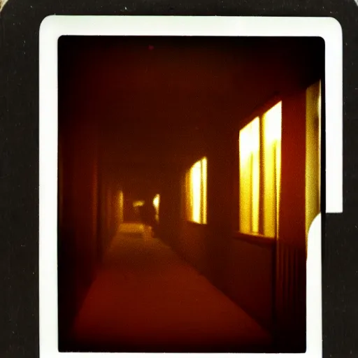Prompt: polaroid of a terrifying thing in a school hallway at night