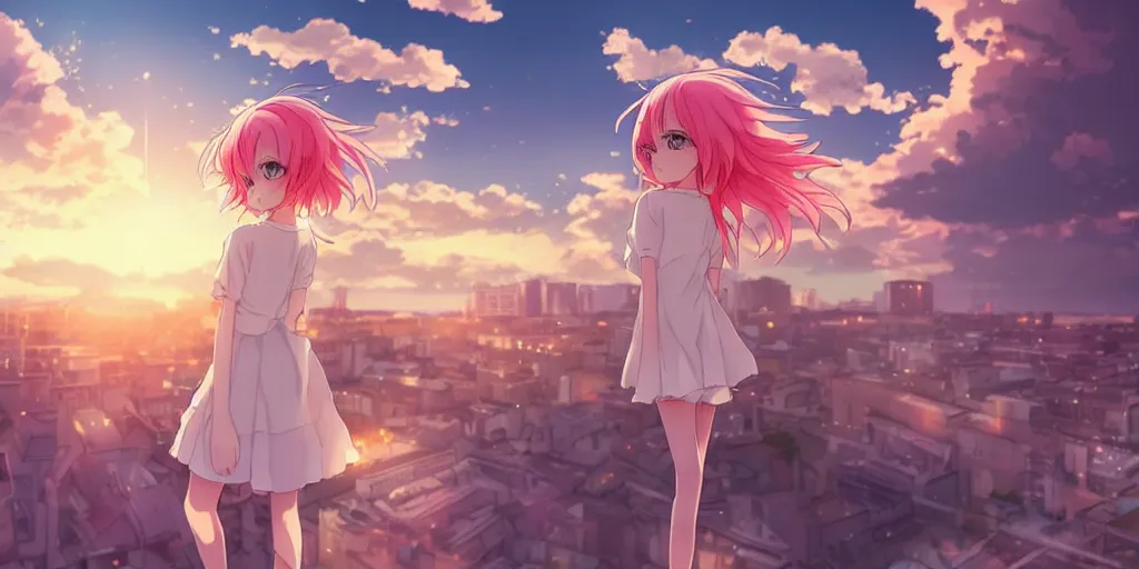 Image similar to anime art, anime key visual of a cute elegant anime girl with pink hair and big eyes, city rooftop at sunset with clouds, golden hour sunset, background blur bokeh!, beautiful lighting, high quality illustration, studio ghibli