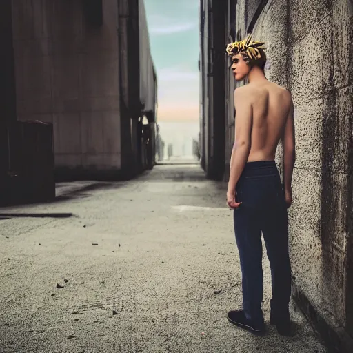 Prompt: kodak portra 4 0 0 photograph of a skinny blonde guy standing in empty dystopian city, back view, flower crown, moody lighting, telephoto, 9 0 s vibe, blurry background, vaporwave colors, faded!,