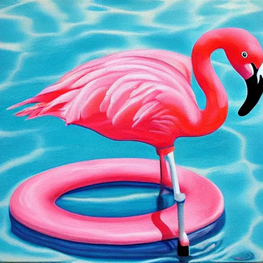 Image similar to flamingo pool float in a vast rippling swimming pool, oil painting