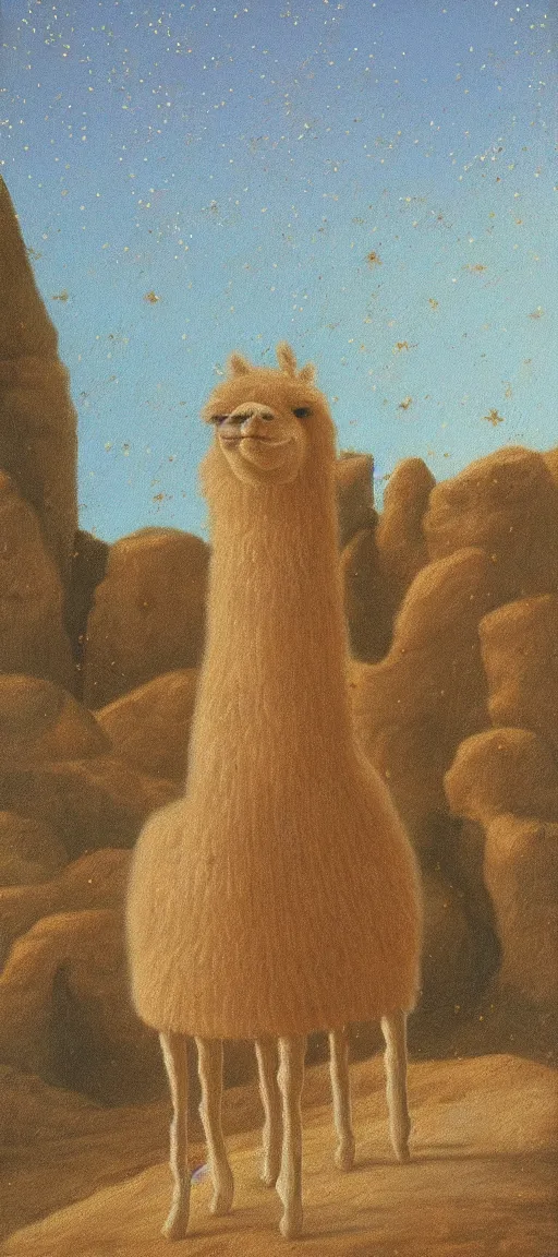 Image similar to detailed renaissance oil painting of an alpaca shaped building standing in the desert of pastel feathers lit by small fireflies at night