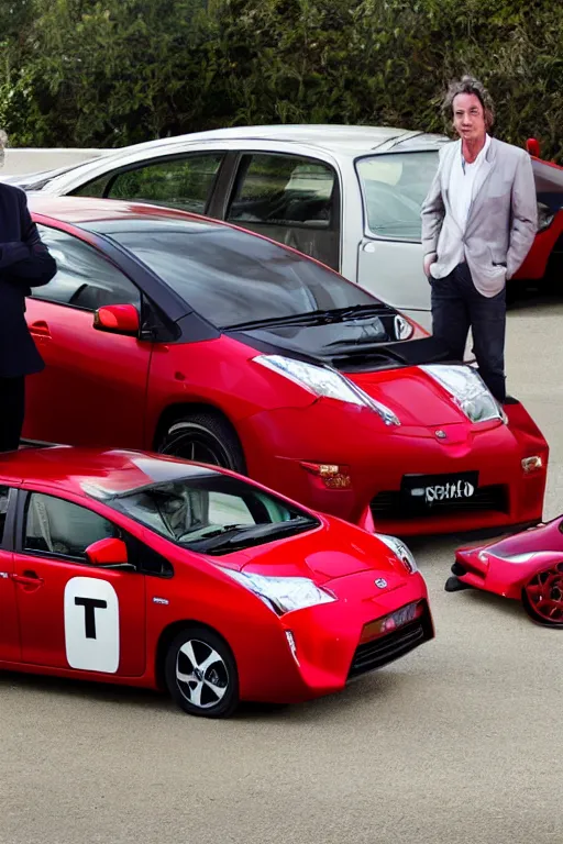 Prompt: jeremy clarkson driving a red toyota prius racing richard hammond