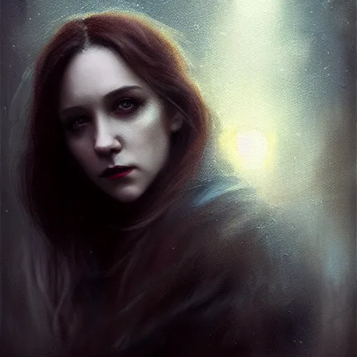 Prompt: riveting charismatic brunette female vampire, portrait, atmospheric lighting, painted, intricate, fog, cold, volumetric lighting, beautiful, night time, blue moon light, sharp focus, deep colours, ultra detailed, by leesha hannigan, ross tran, thierry doizon, kai carpenter, ignacio fernandez rios