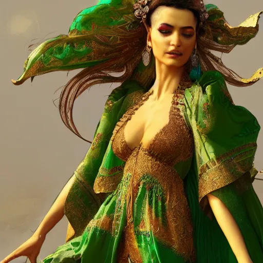 Prompt: a beautiful woman wearing a green kaftan made of silk with golden ornaments by Karol Bak, Ayami Kojima, Amano , concept art, character design, fantasy,3D, 8k resolution