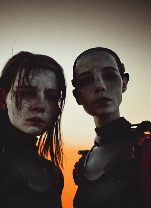 Prompt: cinestill 5 0 d photographic portrait of two loving female androids wearing rugged black techwear on a desolate plain with a red sky, brutalist structure, extreme closeup, cyberpunk style, dust storm, 8 k, hd, high resolution, 3 5 mm, f / 3 2, ultra realistic faces, ex machina