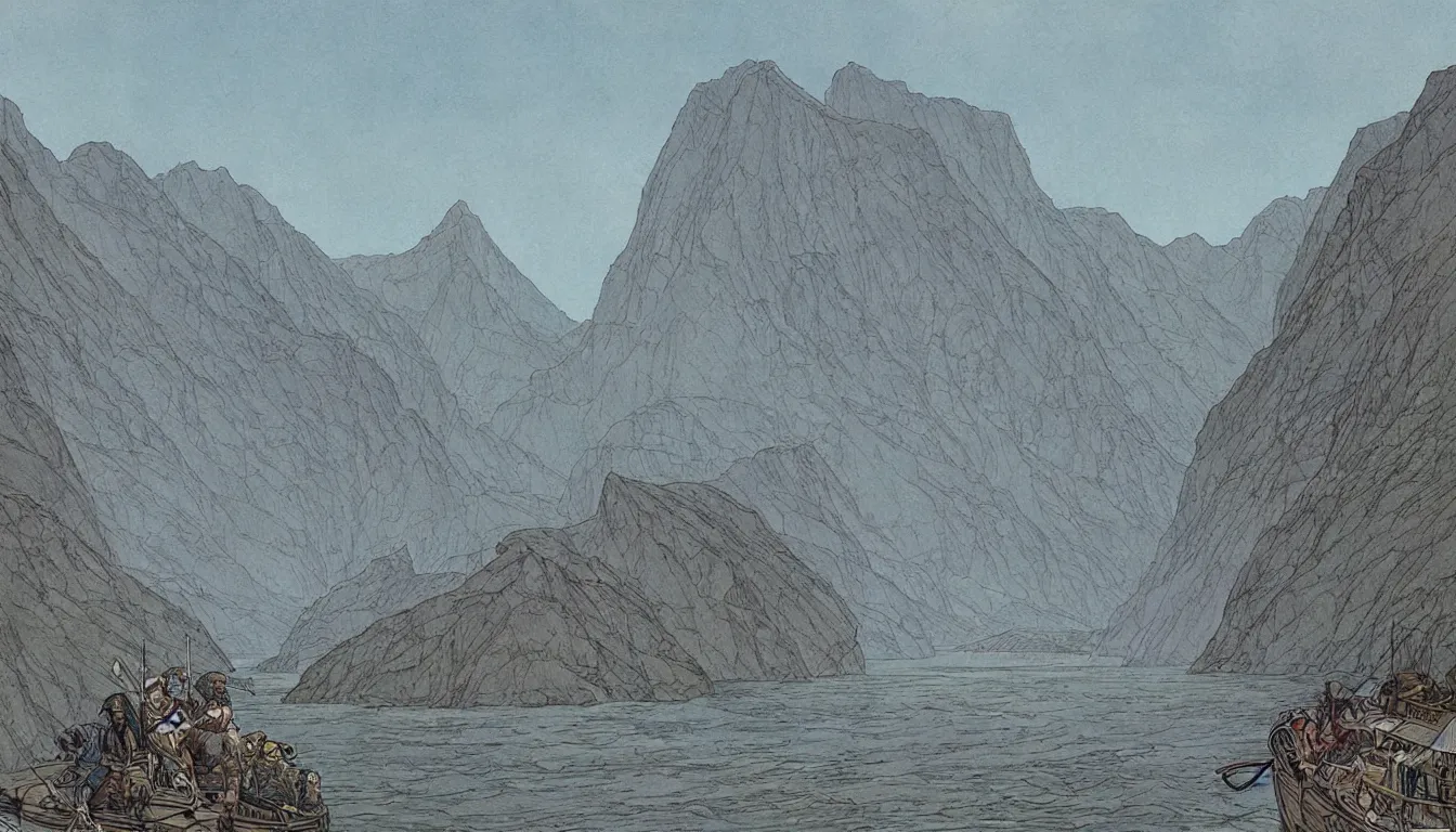 Image similar to epic fjords by moebius