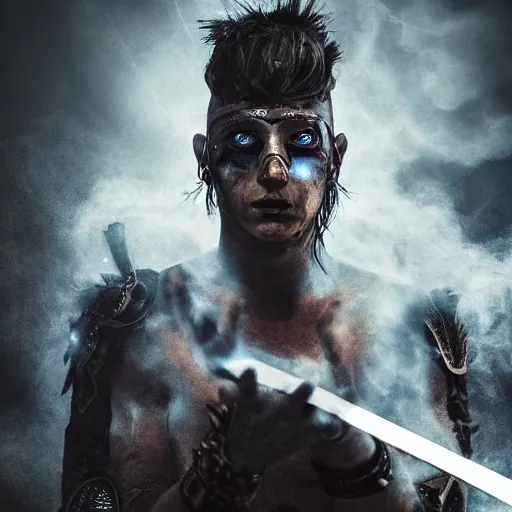 Prompt: a stunning portrait of a warrior, fantasy, glowing eyes, face, sharp focus, holding a sword, atmospheric, smoke, mist, lightning