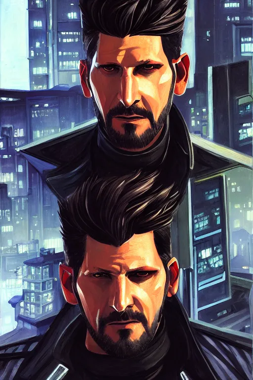 Prompt: a study of Adam Jensen on a cyberpunk rooftop, gouache painting by J. C. Leyendecker