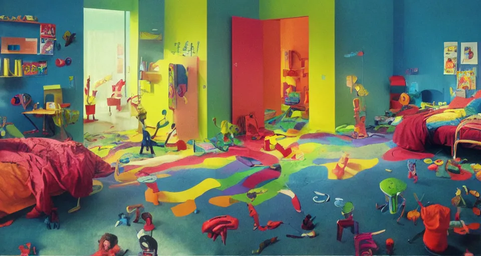 Prompt: IKEA catalogue photo, colorful children's bedroom, rainbow, toys, mayhem, pictures on walls, organic, by Beksiński