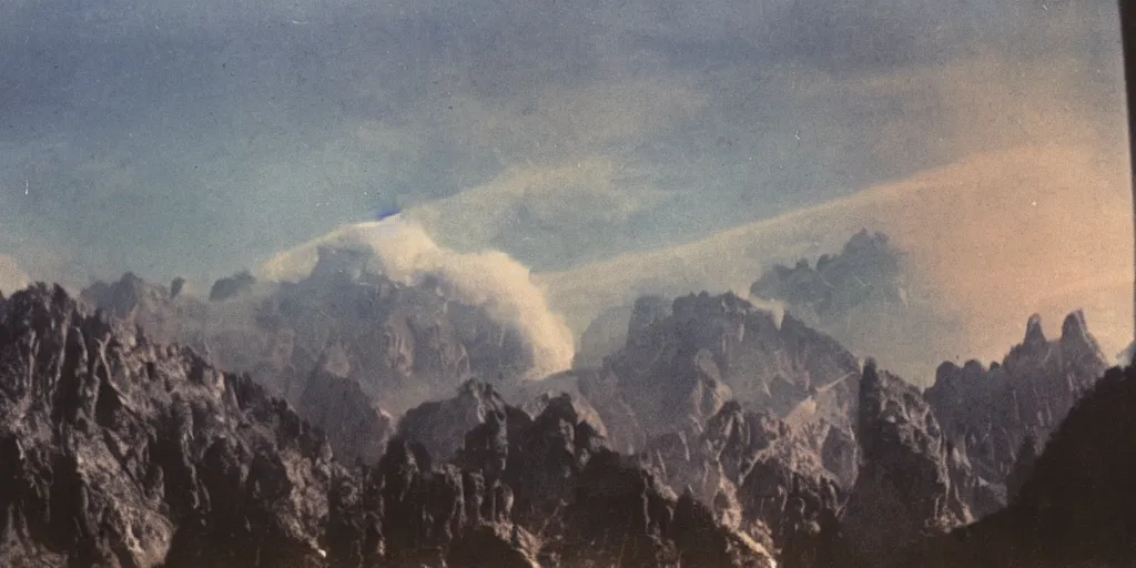 Prompt: 1 9 2 0 s color spirit photography of alpine sunrise in the dolomites, smoke from mountains, by william hope, dark, eerie, grainy