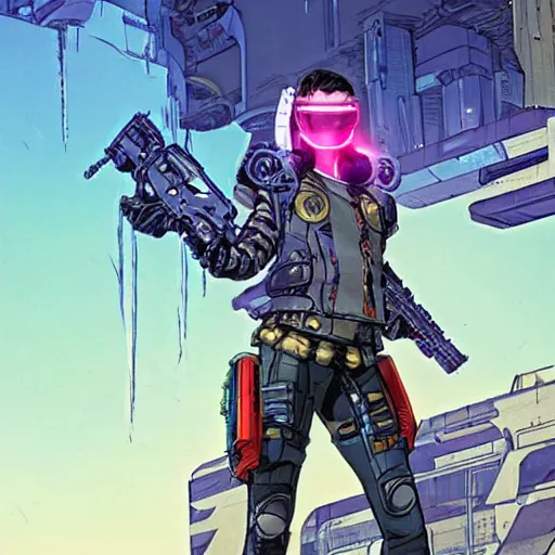 Image similar to Athena. Apex legends cyberpunk bounty hunter. Concept art by James Gurney and Mœbius.