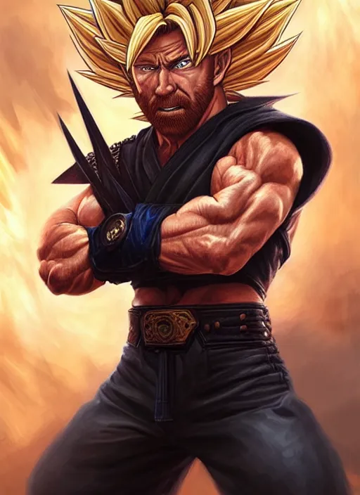 Image similar to portrait of aggressive chuck norris going super saiyan, d & d, muscular! storm! fantasy, intricate, elegant, highly detailed, digital painting, artstation, concept art, smooth, sharp focus, illustration, art by artgerm and greg rutkowski and alphonse mucha