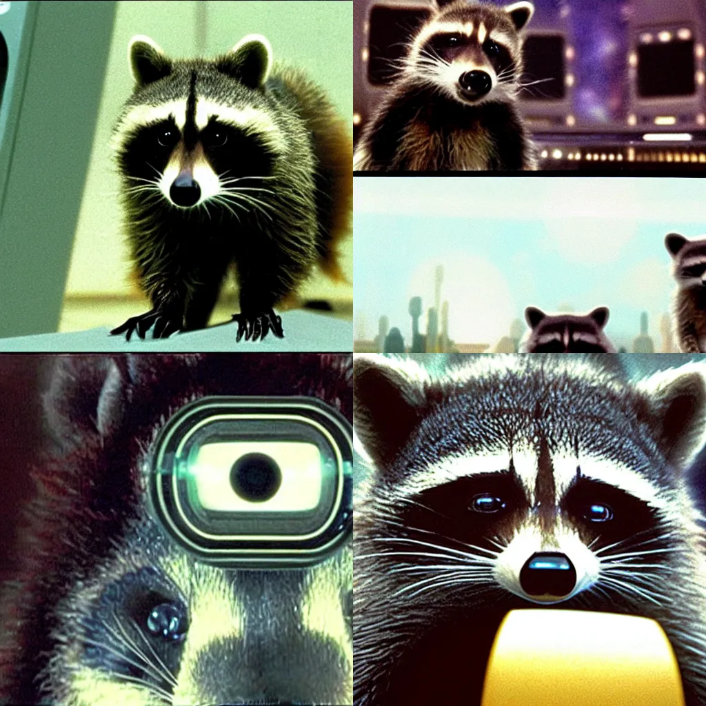 Prompt: raccoons with HAL 9000 in the movie 2001 A Space Odyssey