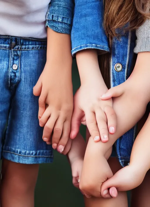 Prompt: a beautiful detailed photo of a teenage girl holding hands with her mother and younger sister, realistic, f 8, 4 k hd wallpaper