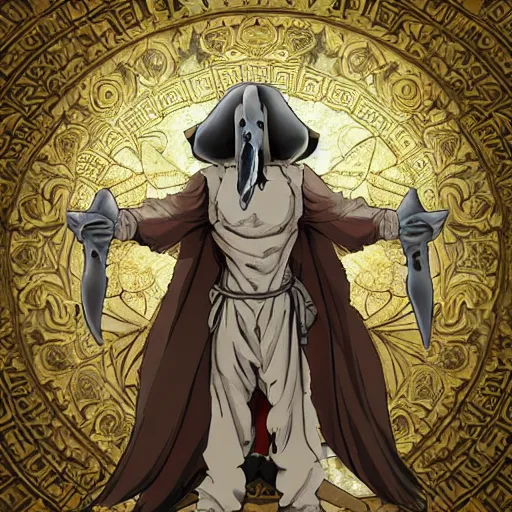 Image similar to 4K headshot portrait of godlike Plague Doctor of Nazareth with defined arms and open hands and bloody clothes with giant mandala wings , intricate face , flawless anime cel animation by Kentaro Miura, psychedelic , highly detailed upper body , professionally post-processed , beautiful, scary, symmetry accurate features, epic, octane rendered, anime masterpiece, accurate by Craig Mullins, ilya kuvshinov, krenz cushart, epic , artgerm trending on artstation by Edward Hopper and Dan Mumford and WLOP and Rutkovsky, beksinski carl spitzweg moebius and tuomas kocar, intricate artwork by caravaggio, Unreal Engine 5, Lumen, Nanite