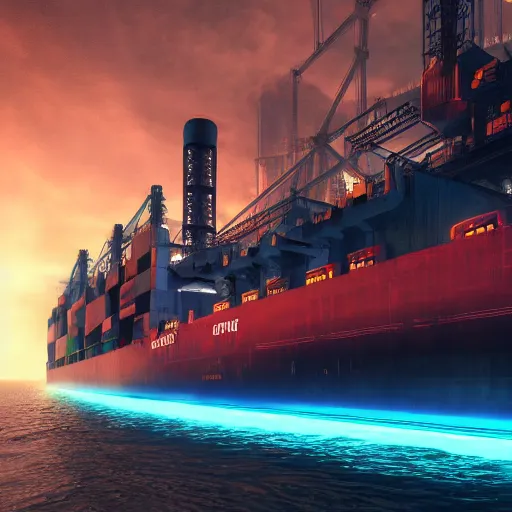 Image similar to photo of Immense industrial futuristic cargo ship arrives at cyber punk city sea port, cinematic lighting, photo