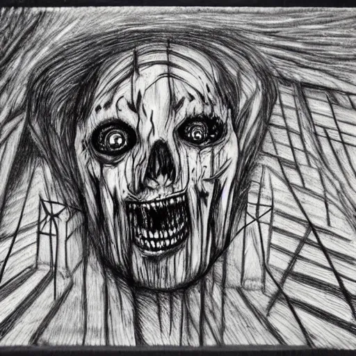 Prompt: a scary horror themed wooden shred drawn with charcoal and pen and ink, half-tone-line-stacking