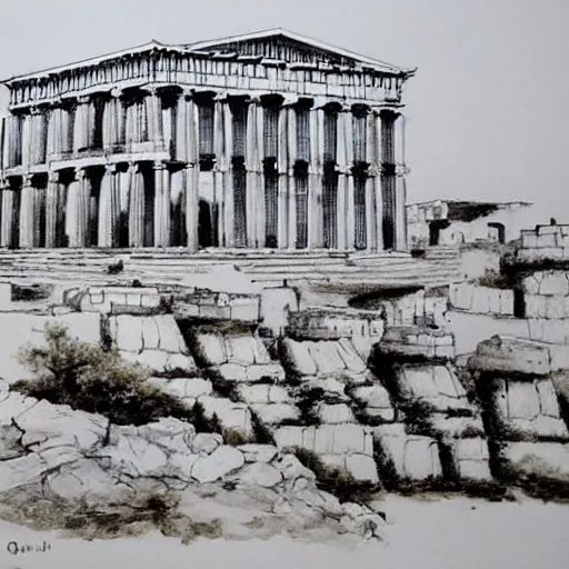 Prompt: Greek acropolis, ink painting, the style of painter Qi Baishi