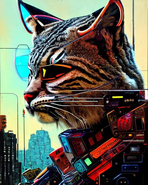 Image similar to a portrait of an anthropomorphic cyberpunk bobcat by sandra chevrier, by jon foster, detailed render, tape deck, epic composition, cybernetics, 4 k realistic, cryengine, realistic shaded lighting, sharp focus, masterpiece, by enki bilal