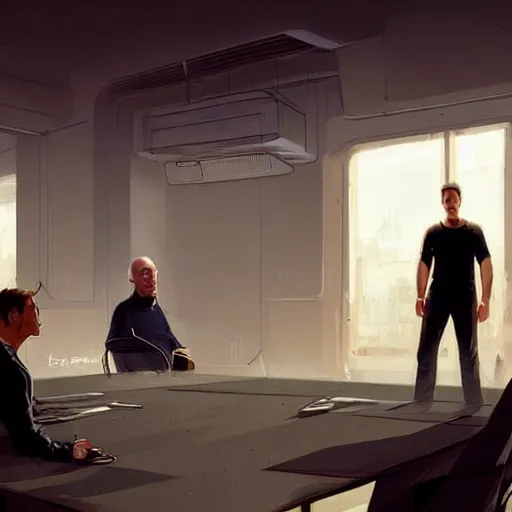 Image similar to cell shaded illustration of a meeting between elon musk, mark zuckerberg, jeff bezos, very detailled, by artgem, greg rutkowski