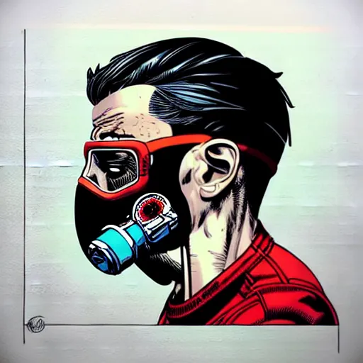 Image similar to a profile photo of an old man with a diving oxygen mask with side profile blood in ocean intricate details by MARVEL comics and Sandra Chevrier-C