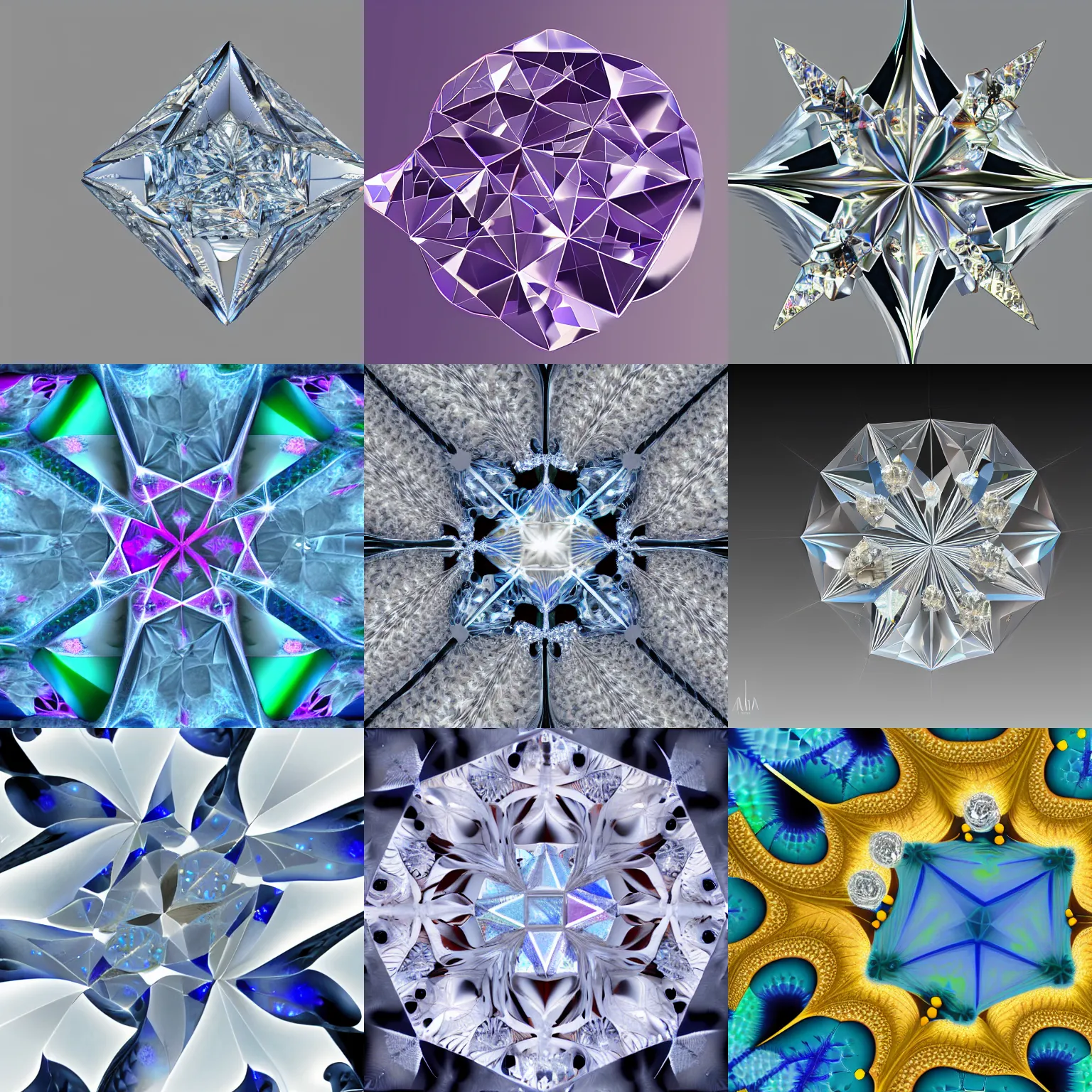 Prompt: fractal diamonds, asymmetrical amalgamation, 8k, HD, hi-fructose, hi-exposure, hyper realistic