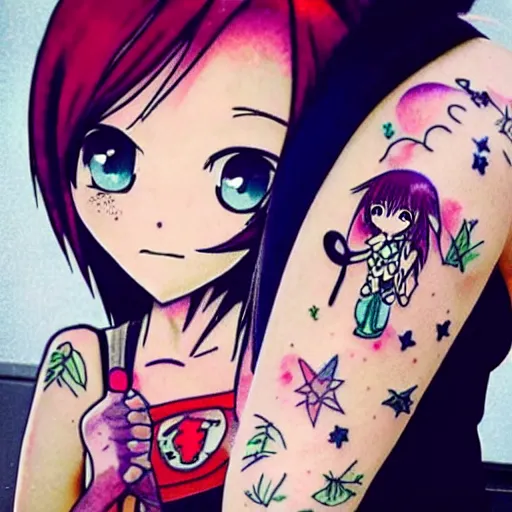 Prompt: chibi anime kawaii tattoo cute vhibi anime girl tattoo