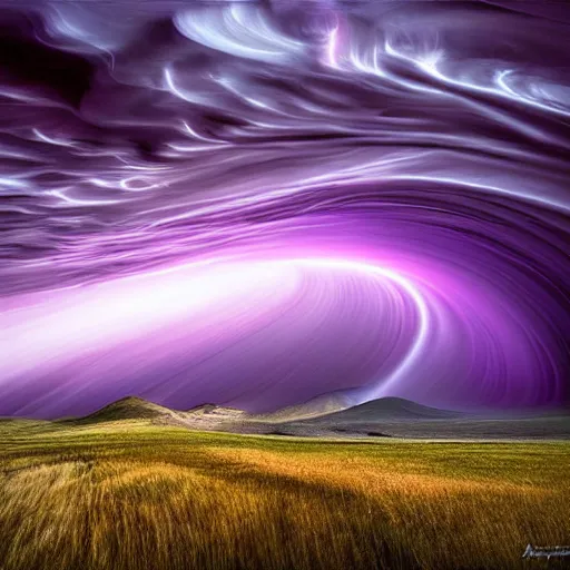 Prompt: amazing photo of a purple tornado in the shape of a tornado by marc adamus, digital art, beautiful dramatic lighting