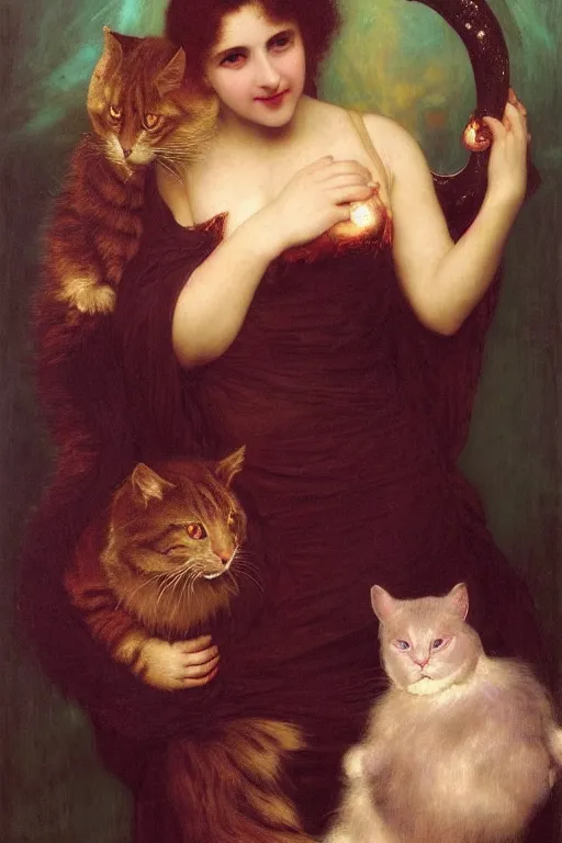 Prompt: a renaissance oil painting by alma tadema of demonic vampire evil woman with mischievous smile and fish eyes hugging a large fluffy cat, colourful pastel trending artstation, detailed portrait academic bouguereau high shadow contrast medium shot, sharp focus cosmic nebula background