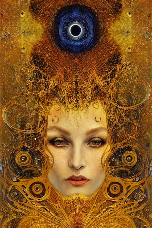 Image similar to Divine Chaos Engine by Karol Bak, Jean Deville, Gustav Klimt, and Vincent Van Gogh, beautiful visionary mystical portrait, sacred, otherworldly, fractal structures, ornate gilded medieval icon, third eye, spirals