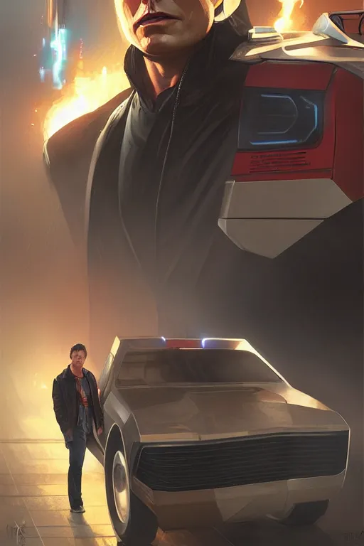 Image similar to elon musk as marty mcfly near cybertruck, realistic portrait, symmetrical, highly detailed, digital painting, artstation, concept art, smooth, sharp focus, illustration, cinematic lighting, art by artgerm and greg rutkowski and alphonse mucha