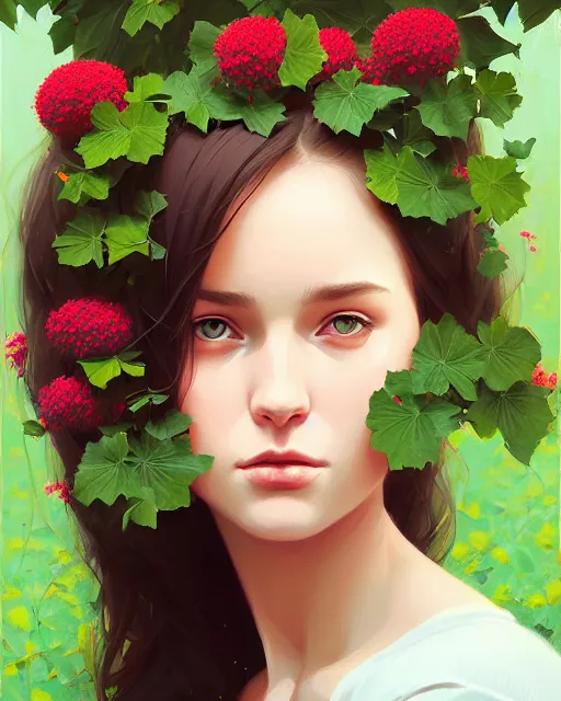 Image similar to stylized portrait of an artistic pose, composition, young lady sorrounded by nature, ivy's, flowers, one single head, realistic shaded, fine details, realistic shaded lighting poster by ilya kuvshinov, magali villeneuve, artgerm, jeremy lipkin and michael garmash and rob rey