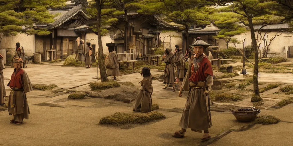 Image similar to a film still of a japanese samurai village in a japanese blockbuster film, landscape, shallow depth of field, cinematic, award winning cgi, vfx, film still