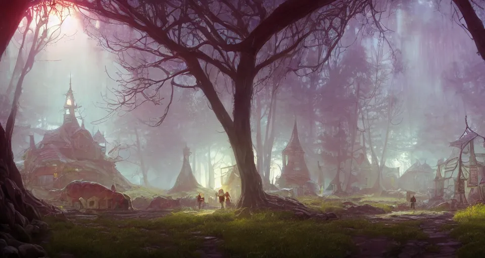 Prompt: A landscape with a large fantasy tavern with multiple stories in the middle of a forgotten magical forest, magical particles, warm lighting, inviting, enchanting, rendered by simon stålenhag, rendered by Beeple, Makoto Shinkai, syd meade, environment concept, digital art, unreal engine, 3 point perspective, WLOP, trending on artstation, low level, 4K UHD image, octane render,