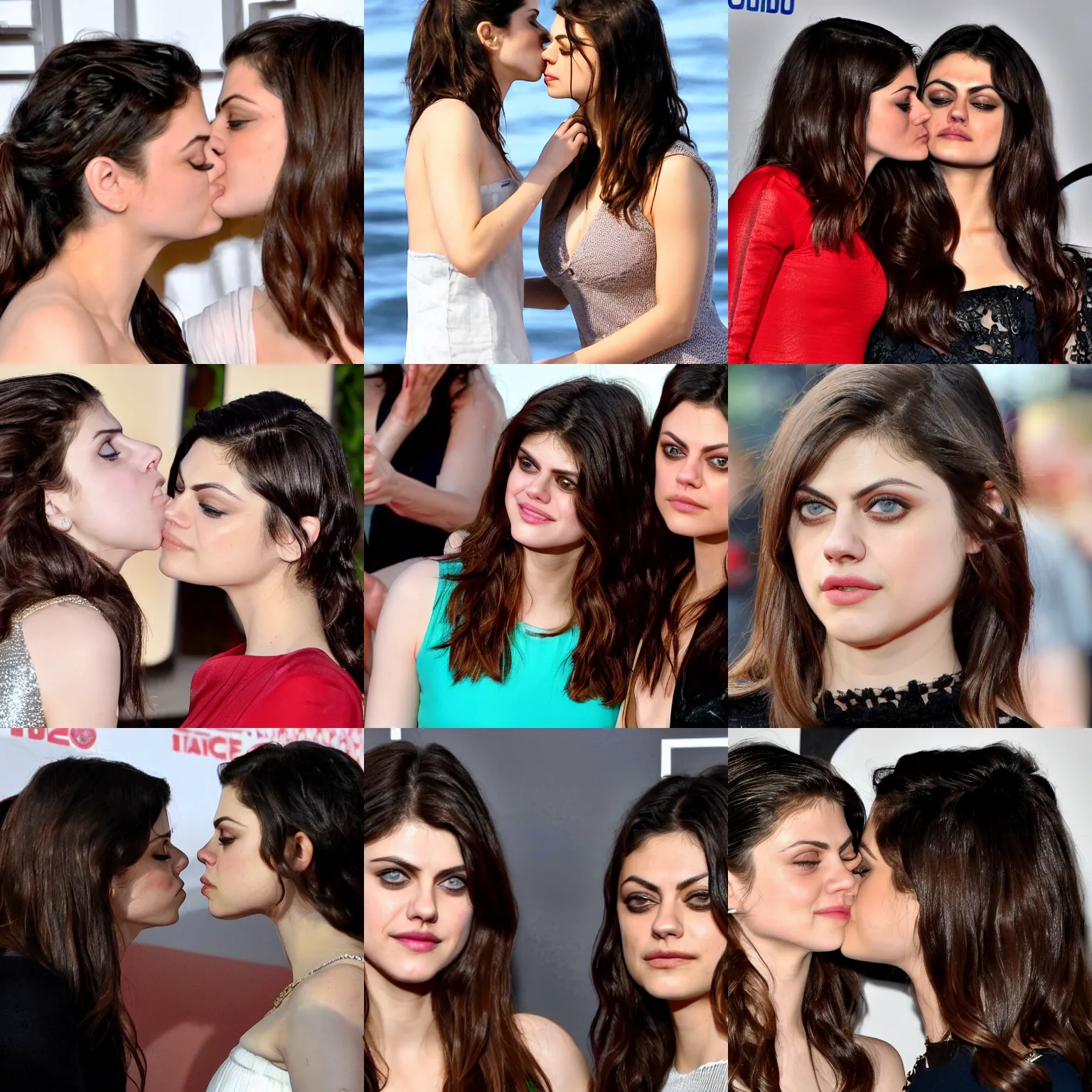 Prompt: closeup of alexandra daddario and mila kunis kissing