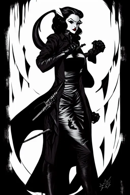 Prompt: black and white silhouette of a female vampire - hunter, logo, ink drawing, art by jc leyendecker and sachin teng