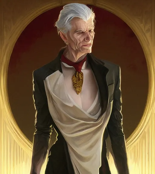 Prompt: a vampire wearing a golden dress, grey hair, red necktie, cinematic, stunning, highly detailed, digital painting, artstation, smooth, hard focus, full body shot, illustration, art by artgerm and greg rutkowski and alphonse mucha