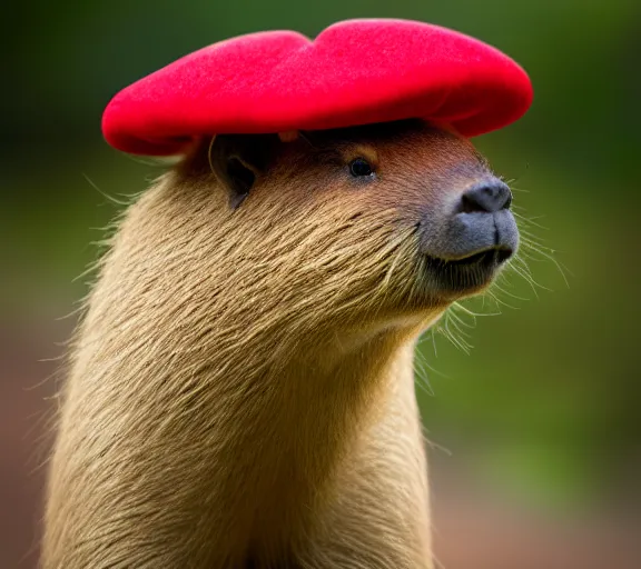 Prompt: a portrait of capybara with a redcap mushroom cap growing on its head by luis royo. intricate. lifelike. soft light. sony a 7 r iv 5 5 mm. cinematic post - processing