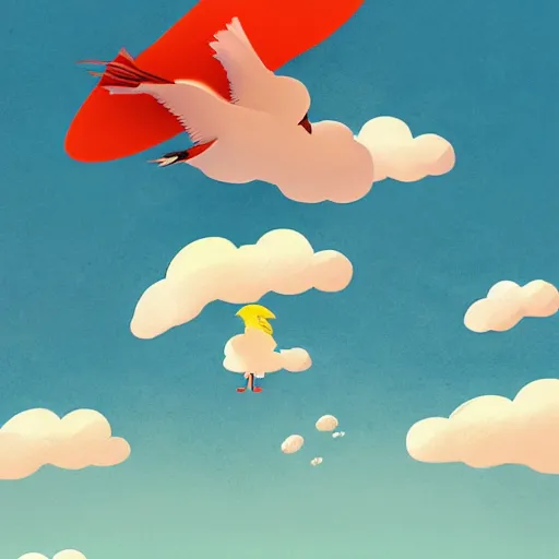 Prompt: Sky full of fluffy clouds with a family of seagulls trying to fish in the sea, ilustration art by Goro Fujita