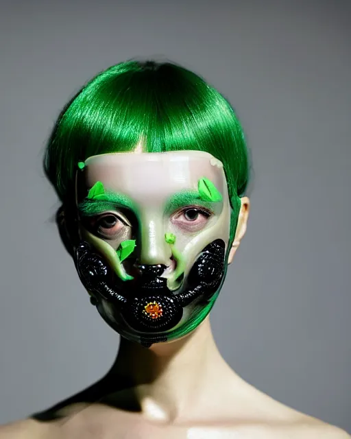 Prompt: symmetrical close - up portrait of a woman wearing a translucent silicone beauty mask and green hair, wearing a black bodysuit by alexander mcqueen, standing in a garden full of plastic translucent flowers, black background, soft diffused light, biotechnology, humanoide robot, bjork aesthetic, translucent, by rineke dijkstra, intricate details, highly detailed, masterpiece,