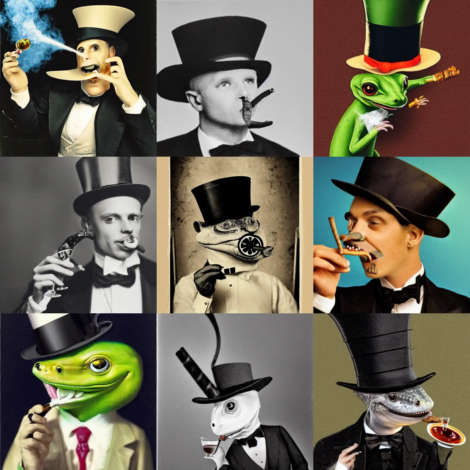 Image similar to Photograph of a gecko in a top hat smoking a cigar, holding a martini