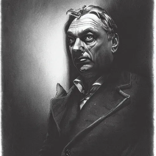 Prompt: viktor orban, creepy atmosphere, dark, portrait, realistic, very realistic, illustration by Gustave Doré