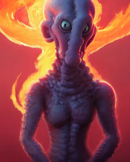 Image similar to tentacled [ squidward ], detailed face, wearing fire nation clothing and practicing firebending outside at susnset, [ greg rutkowski ]