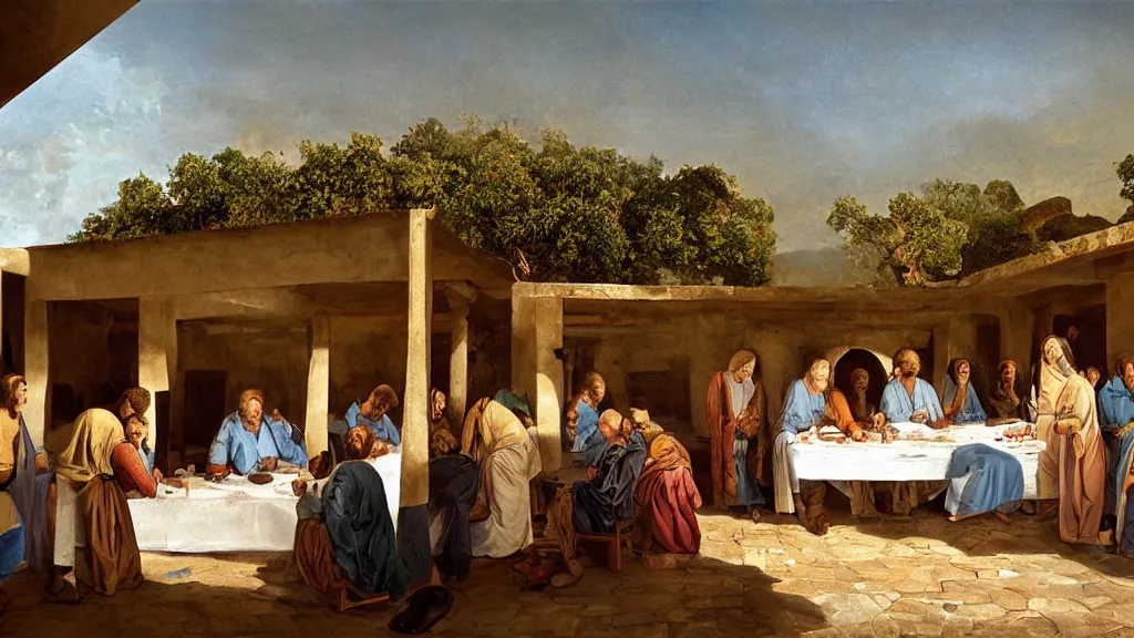 Image similar to the scene of the last supper, man dressed in suits, with cat heads, under the porch of a typical portuguese house, with typical alentejo landscape in the back, sunny morning, matte painting, oil canvas, photorealistic illustration, extreme detail, hyper realistic, highly detailed, digital art