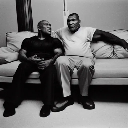 Prompt: a photo of a young mike tyson and Cus D’Amato talking on a couch, grey scale.